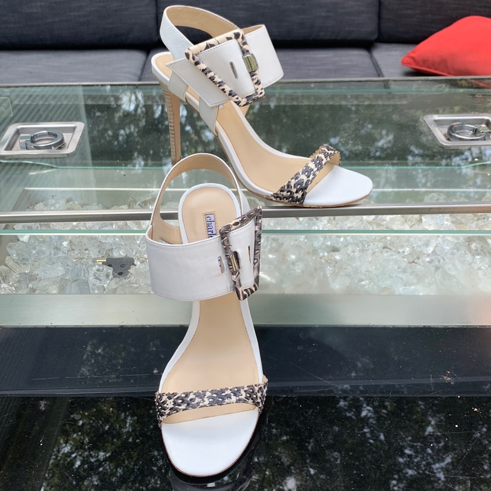 Charles David White and snakeskin Side buckle heel